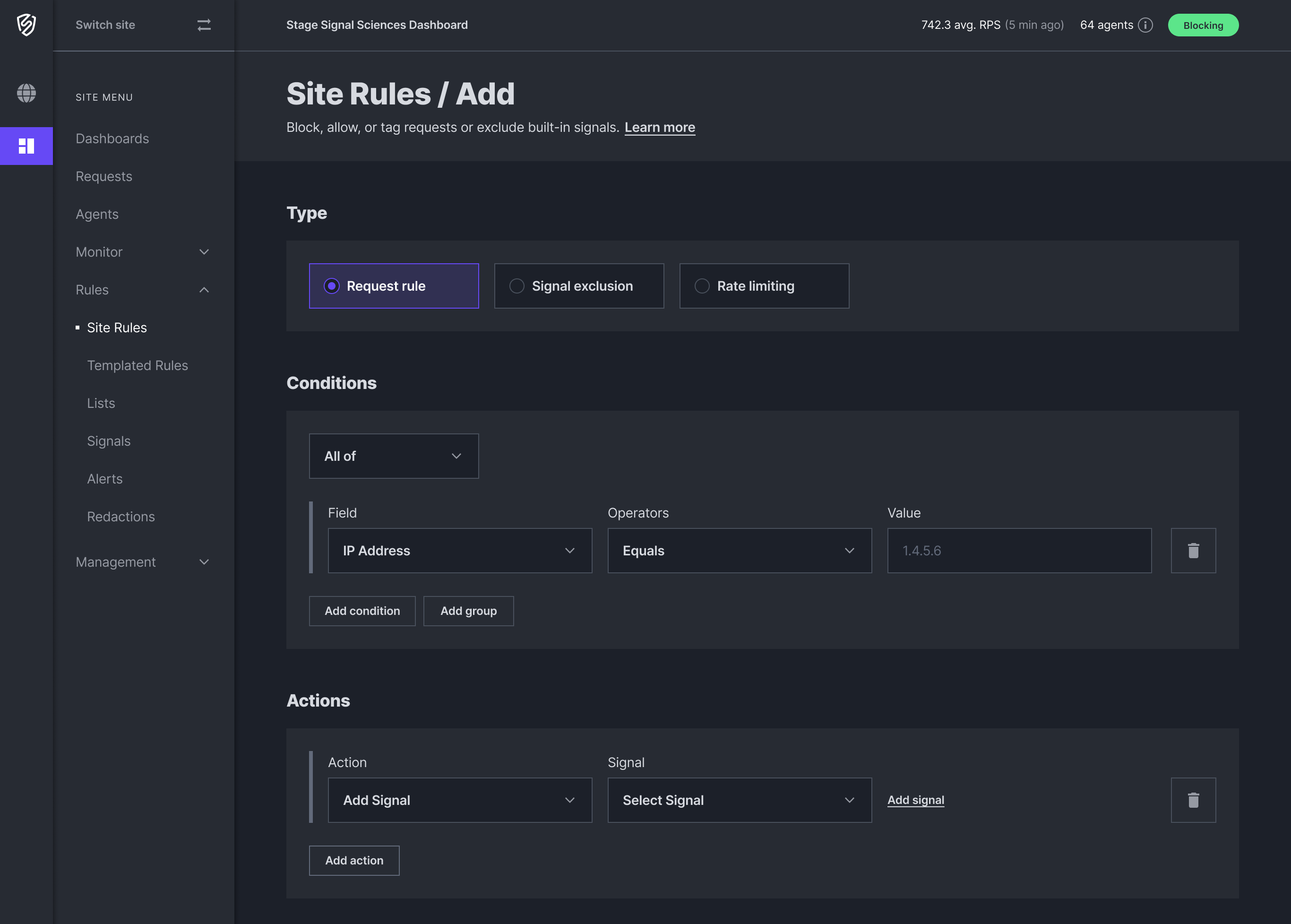 Signal Sciences Console rules editor view